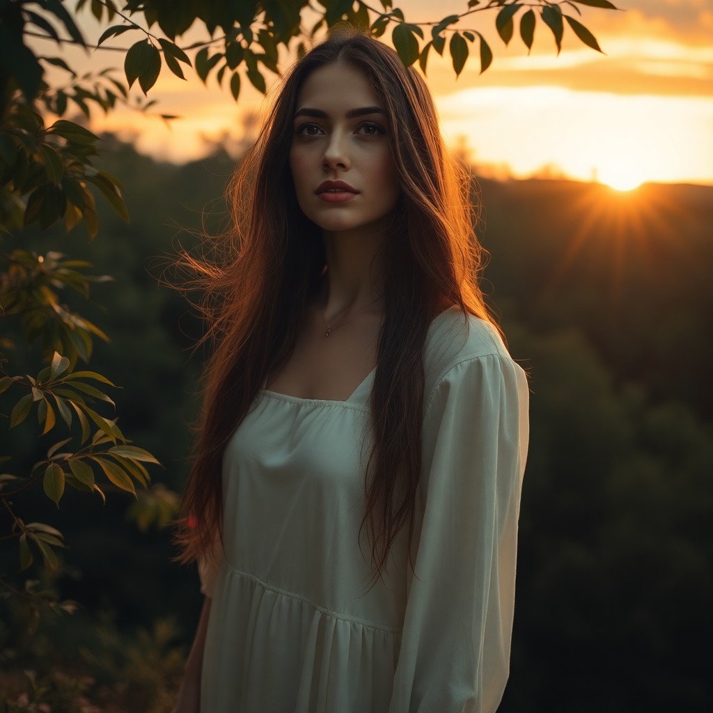 AI generated art for prompt: In a captivating portrait, an enigmatic Mediterranean woman stands tall at the forest's edge, her lo