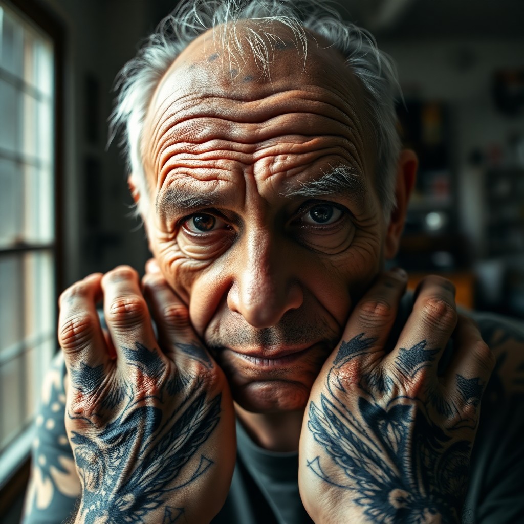 AI generated art for prompt: A highly realistic portrait captures an enigmatic tattoo artist from a unique 'bug's-eye view' persp