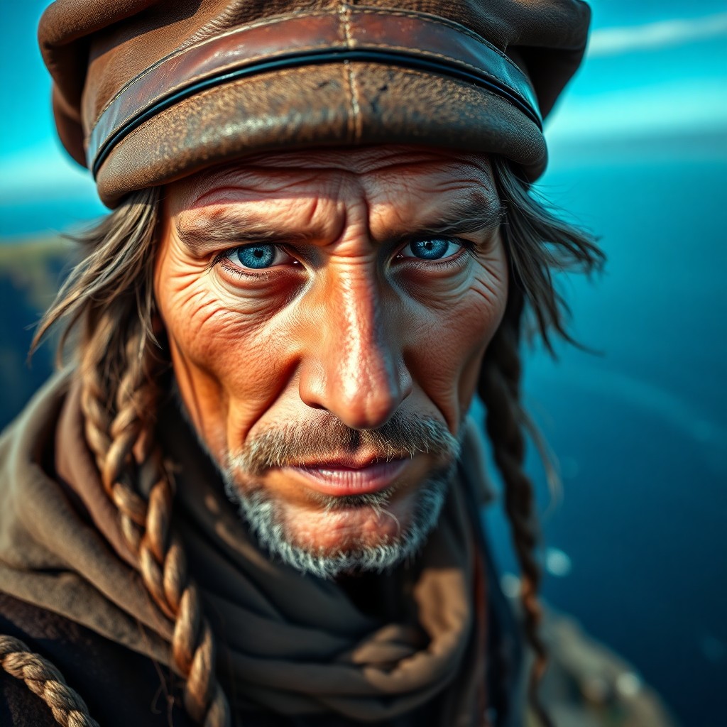 AI generated art for prompt: Craft a photorealistic portrait capturing the essence of a seasoned sailor with gentle blue eyes and