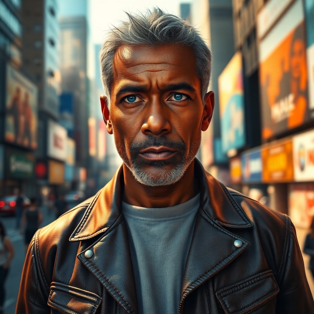 AI generated art for prompt: An ultra-realistic portrait of a middle-aged Caribbean man with a rugged, vintage face, piercing clo