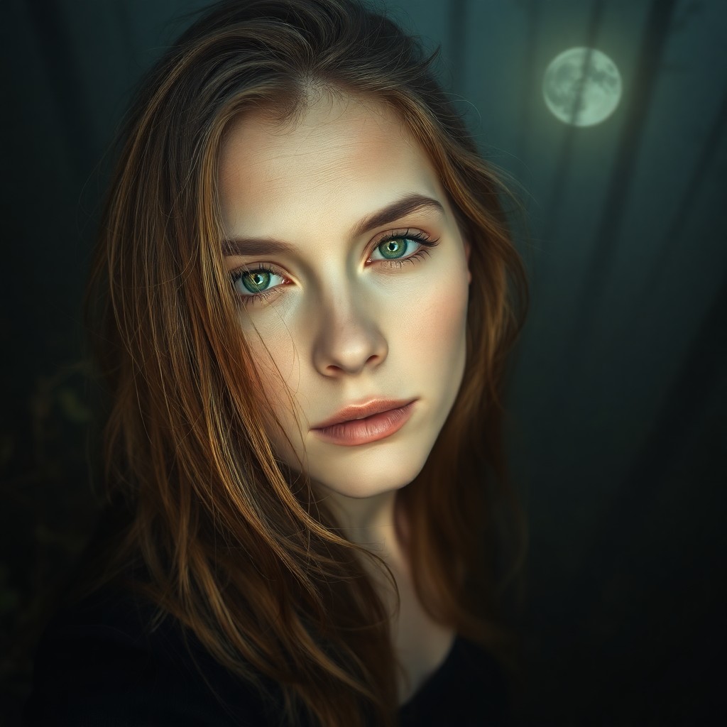 AI generated art for prompt: Imagine a portrait of an enigmatic figure with calm green eyes, sun-touched skin, and flowing locks,