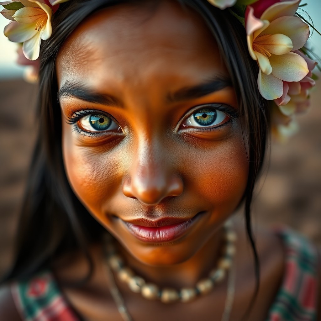 AI generated art for prompt: A close-up portrait showcases a young Melanesian woman with captivating green eyes and sleek raven h