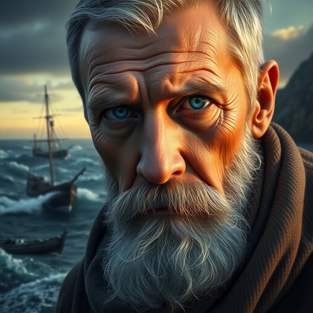 AI generated art for prompt: A hauntingly beautiful portrait showcases a seasoned seafarer with misty blue eyes, their gaze refle