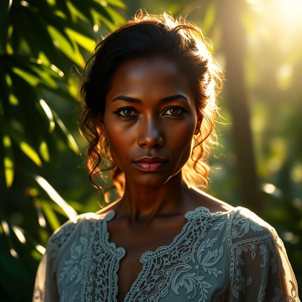 AI generated art for prompt: A super-realistic portrait captures the enigmatic essence of a Melanesian woman, her piercing gaze s