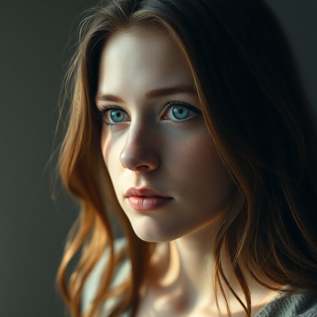 AI generated art for prompt: Within a softly illuminated studio, a young Western European woman with clouded blue eyes fixates he