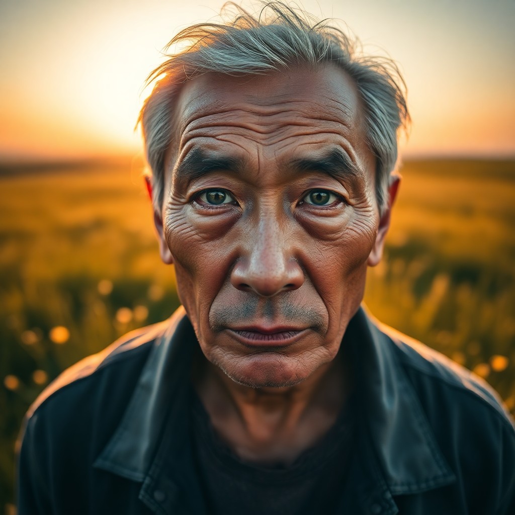 AI generated art for prompt: Craft an image showcasing a weathered yet dignified East Asian man with piercing green eyes and salt