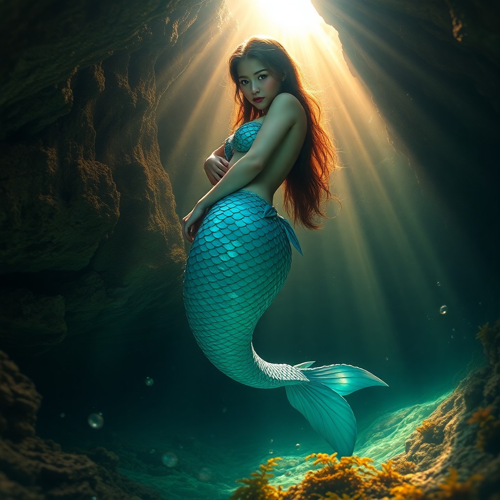 AI generated art for prompt: Imagine a captivating digital portrait of an enchanting mermaid with shimmering blue-green scales, h