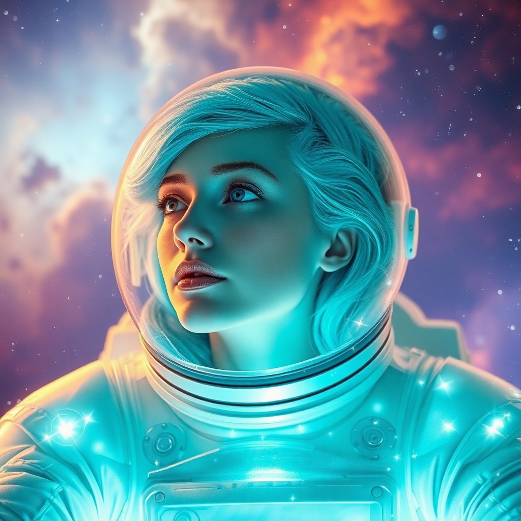 AI generated art for prompt: Ethereal serenity exudes from this celestial portrait of an astronaut with translucent skin and vibr