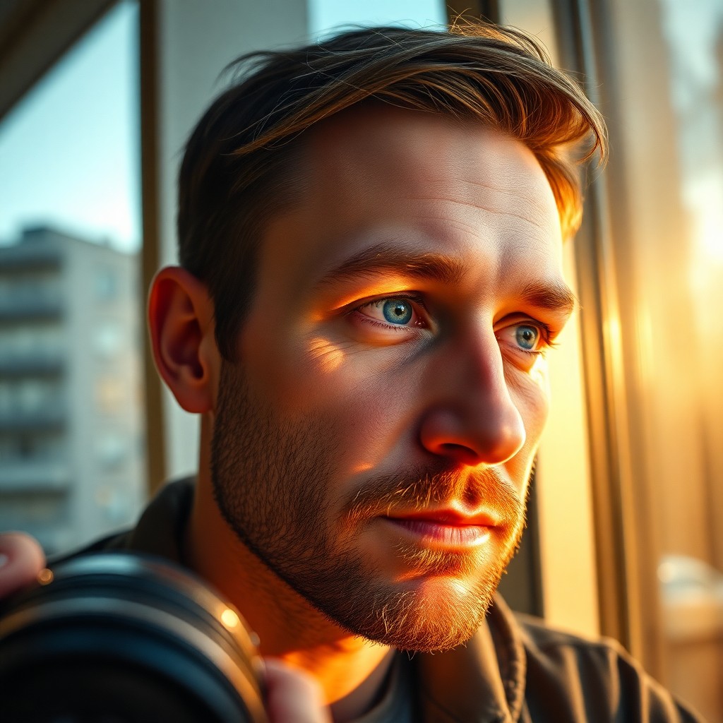 AI generated art for prompt: Create a photorealistic portrait of a 35-year-old male photographer with hazy blue eyes, short brown