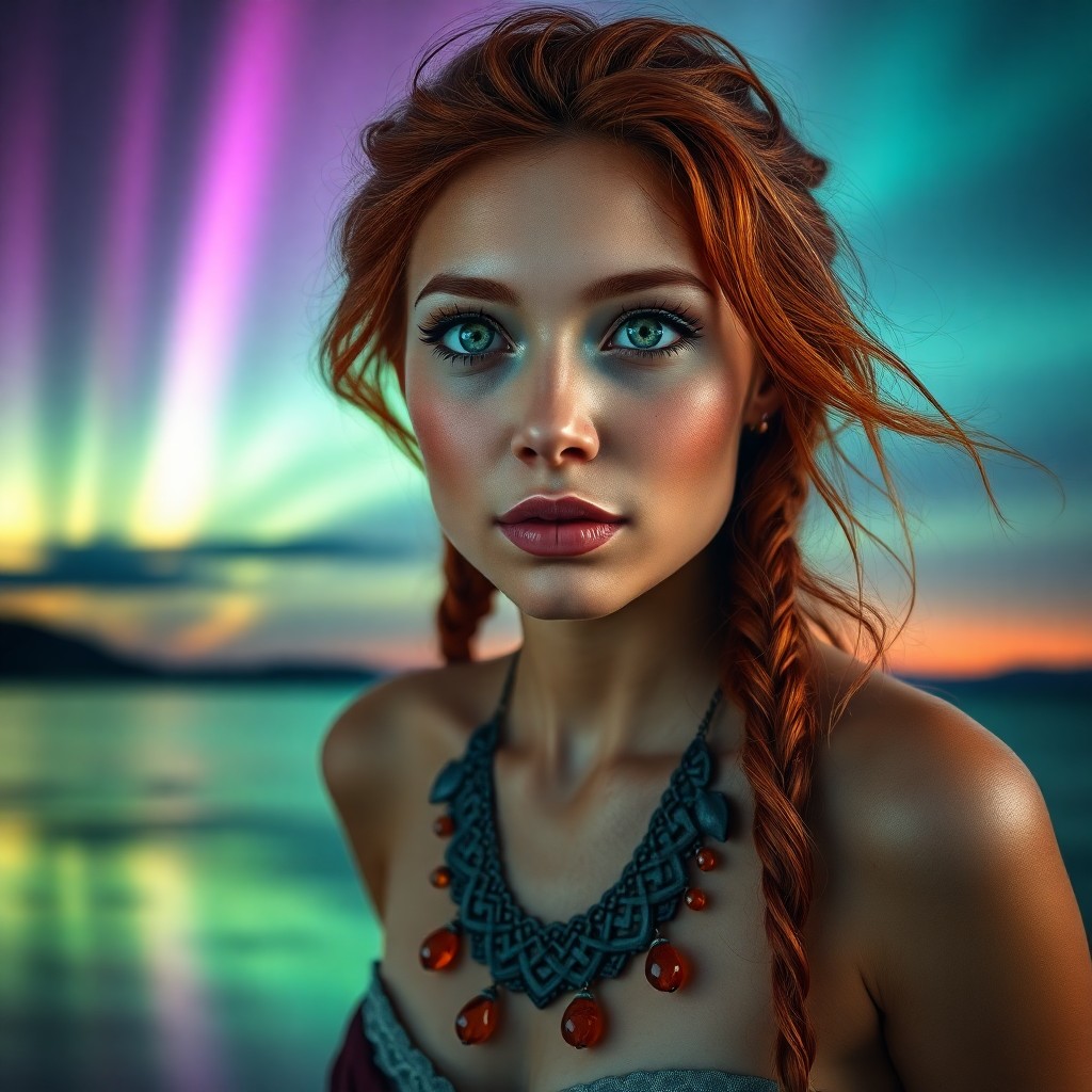 AI generated art for prompt: Capture a photorealistic portrait of a Micronesian woman with striking green eyes, flowing red hair,