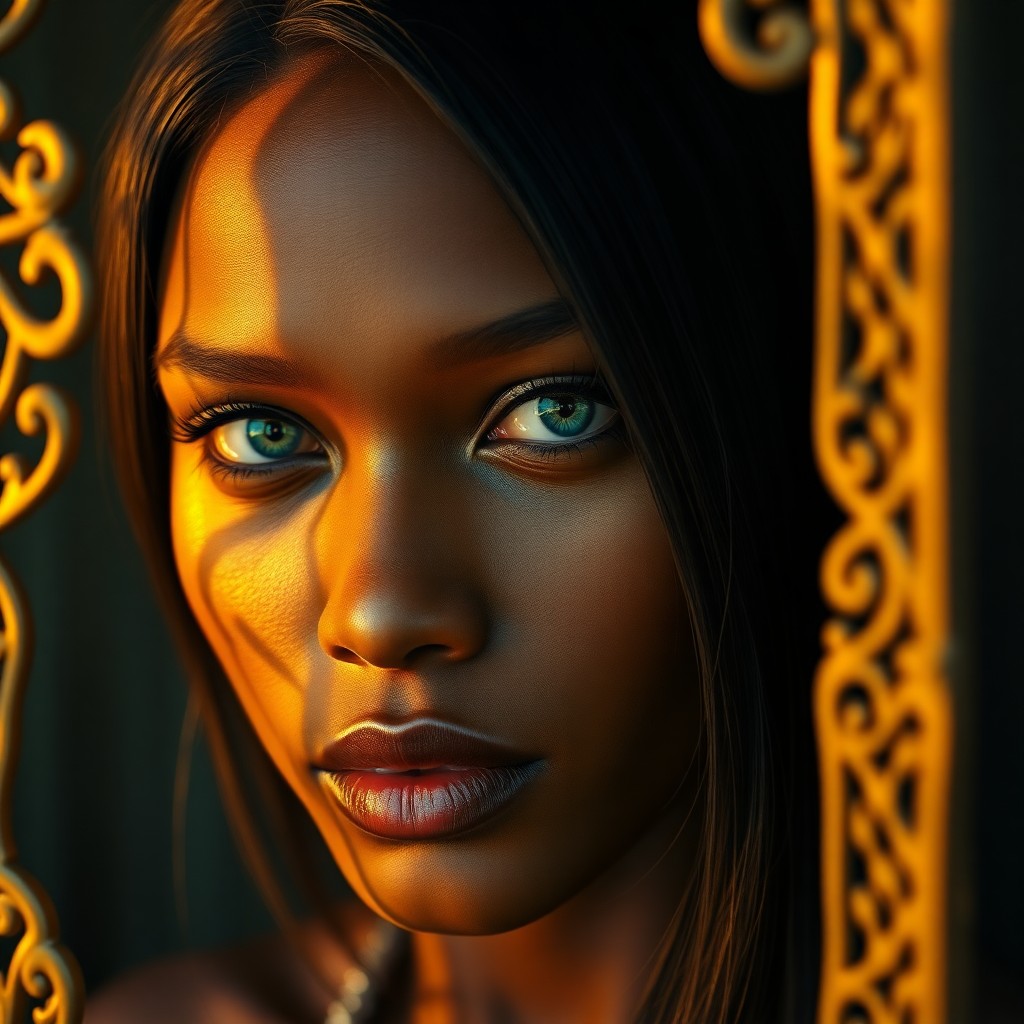 AI generated art for prompt: Craft an ultrarealistic digital portrait showcasing a Melanesian woman with captivating emerald eyes