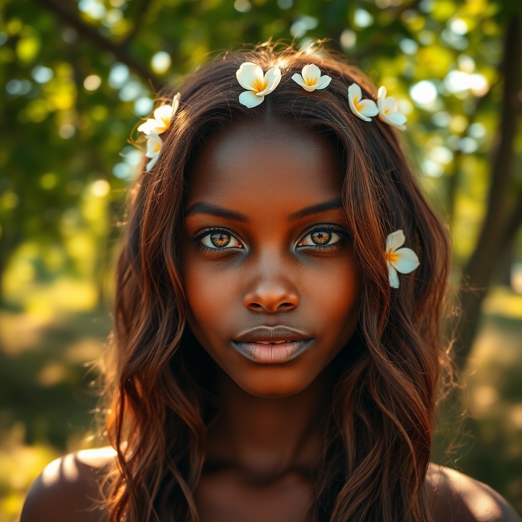 AI generated art for prompt: Craft a DSLR portrait of a young Sub-Saharan African woman with long, wavy chestnut hair adorned by 