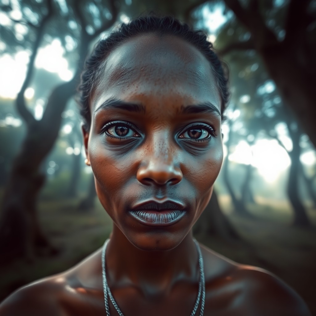 AI generated art for prompt: Envision an iPhone portrait of a Melanesian woman, her serene yet elusive gaze piercing through with