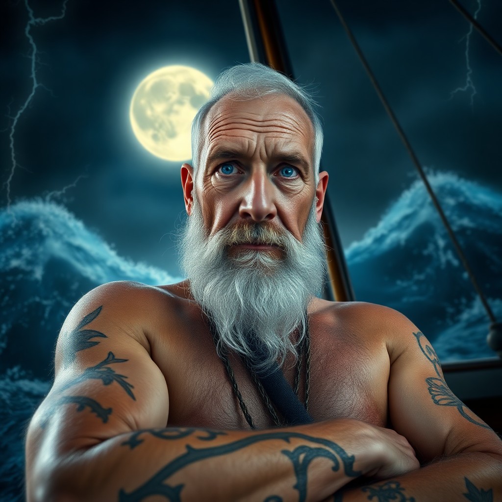 AI generated art for prompt: Create a photorealistic portrait photo of an aged sea captain with piercing blue eyes, weathered ski