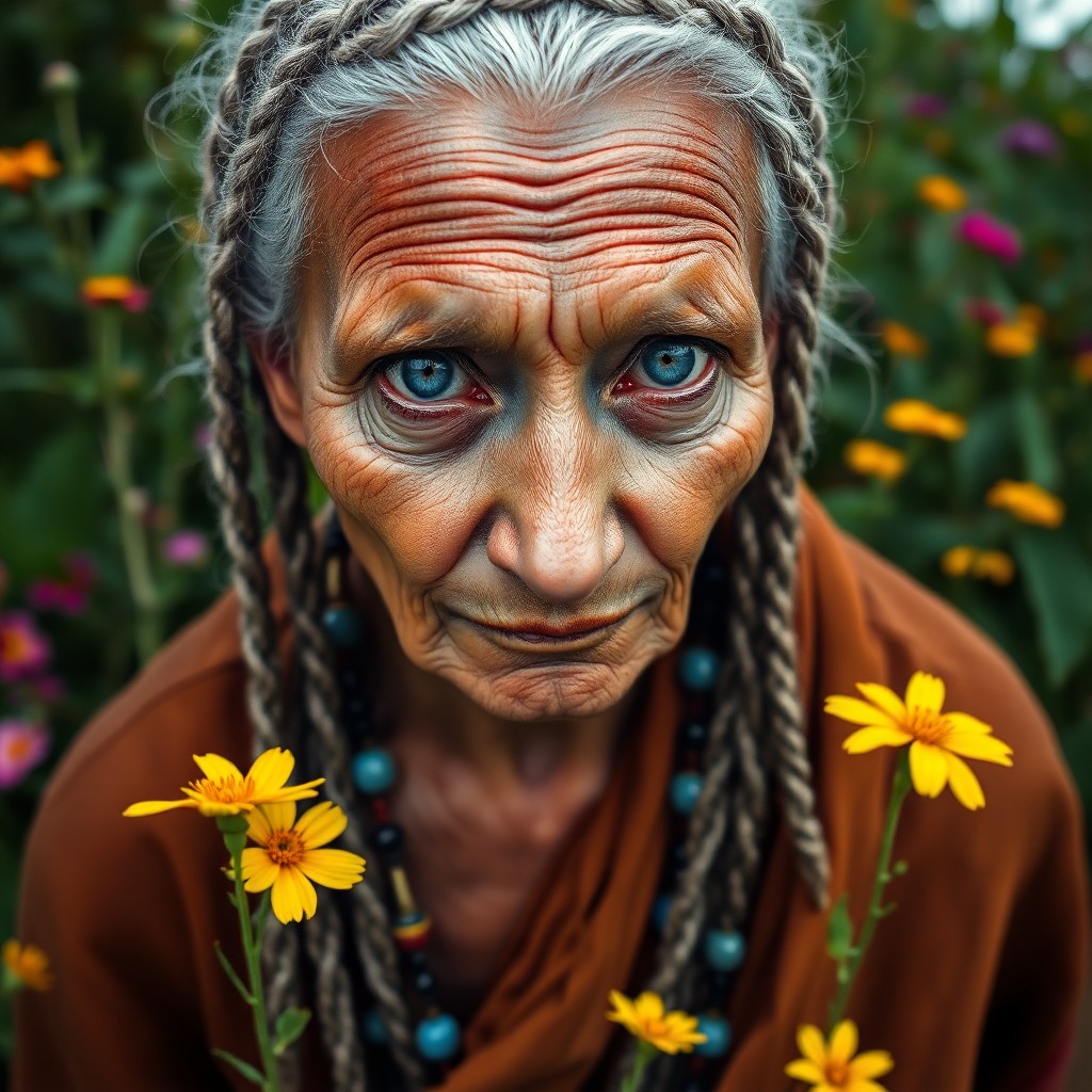 AI generated art for prompt: Depict a super-realistic portrait of an elderly Amazonian woman with grizzled skin, clouded blue eye