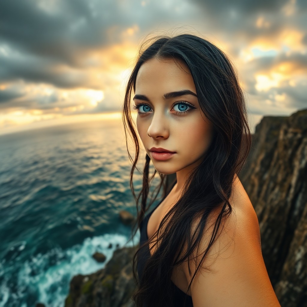 AI generated art for prompt: Craft a photorealistic portrait of a young Slavic woman with gentle blue eyes and raven-black hair f