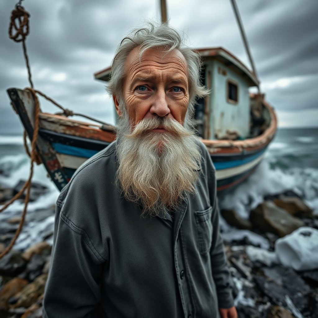 AI generated art for prompt: Craft a photorealistic portrait of an aged fisherman, his tender blue eyes and salt-and-pepper beard