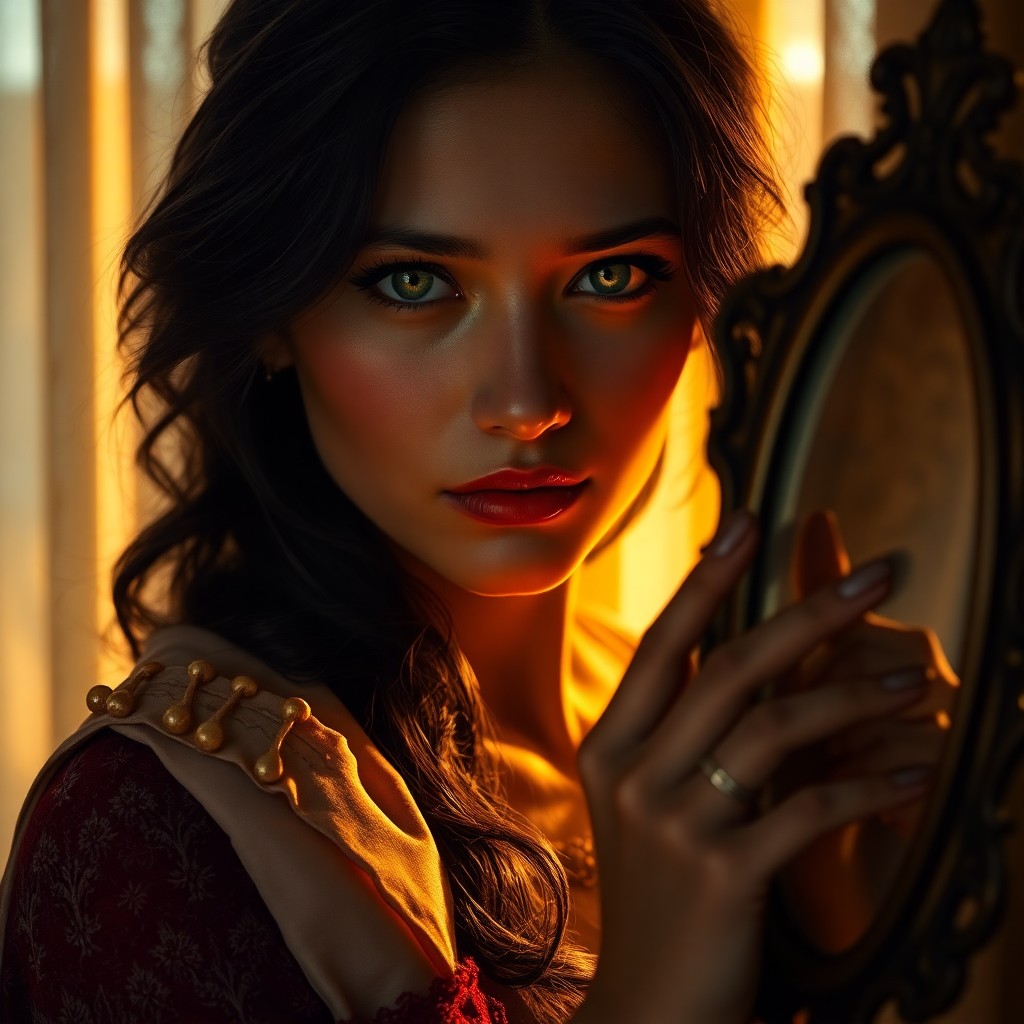 AI generated art for prompt: A captivating photorealistic portrait showcases a Central Asian woman with striking emerald eyes and