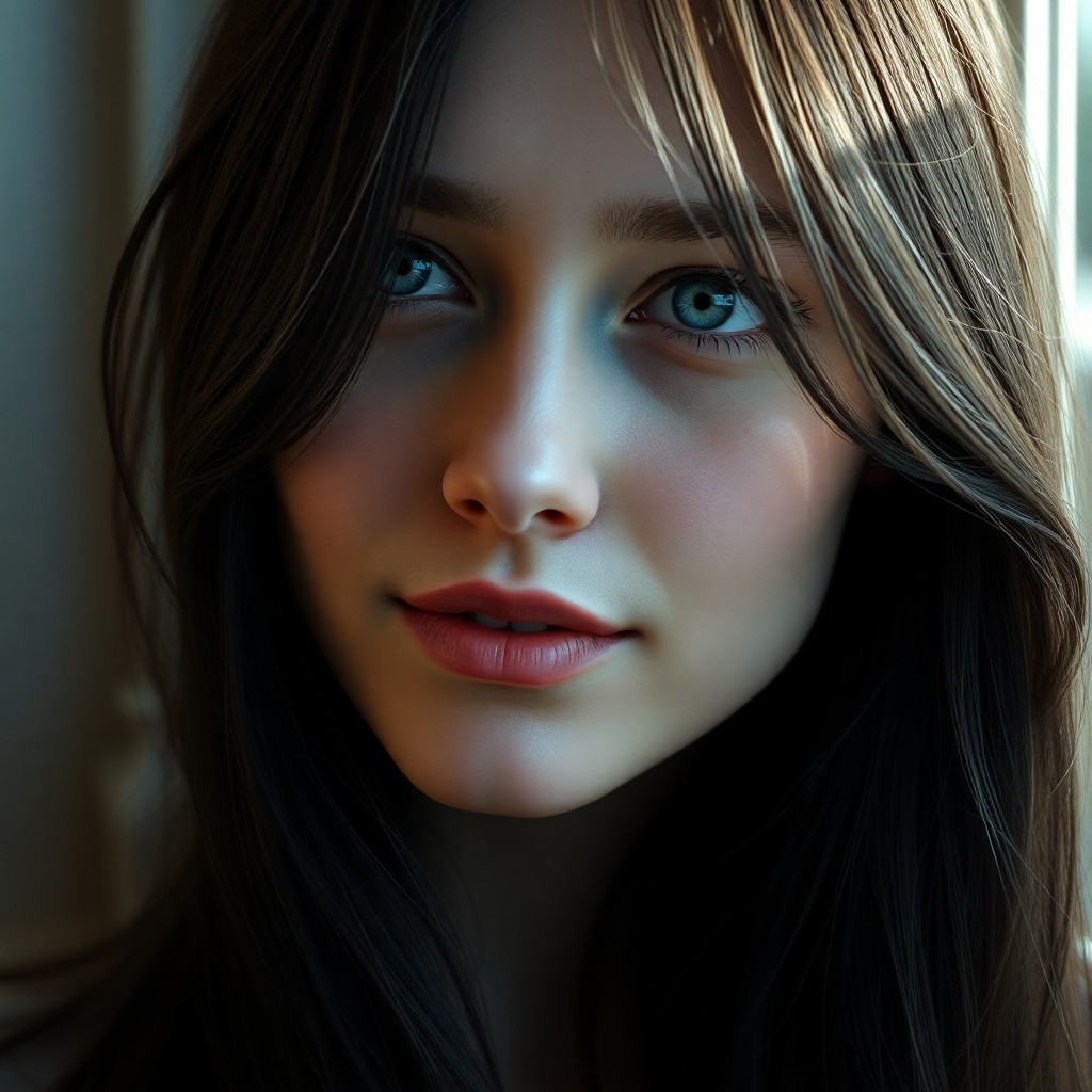 AI generated art for prompt: Craft an ultrarealistic digital portrait showcasing a close-up of a mysterious Caucasian woman with 