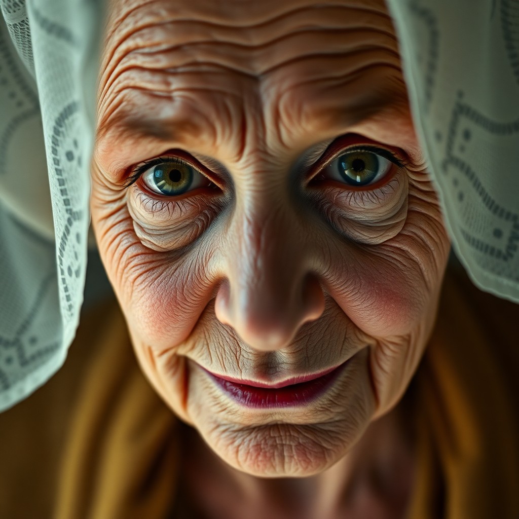 AI generated art for prompt: Create a photorealistic portrait photograph of an elderly Caucasian woman with deep green eyes, capt