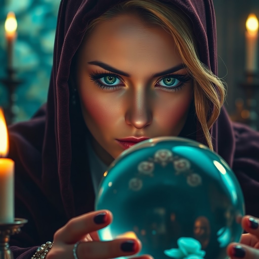 AI generated art for prompt: Hyperrealistic portrait of a fortune teller with striking emerald eyes and adorned in a luxurious ve