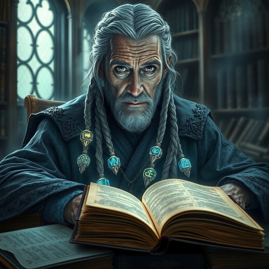 AI generated art for prompt: Depict a mysterious wizard with melancholic blue eyes, deep wrinkles, and silver hair braided with c