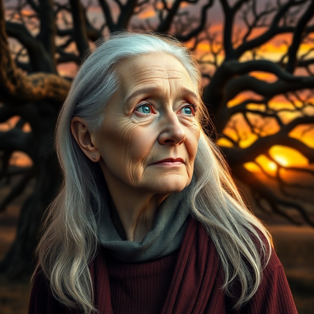 AI generated art for prompt: Create a super-realistic portrait of an elderly Eastern European woman with piercing blue eyes and f