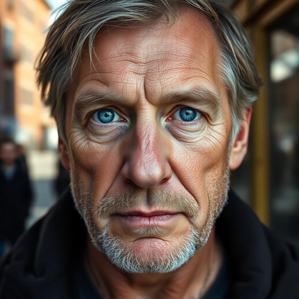 AI generated art for prompt: Craft a photorealistic portrait of a middle-aged Nordic man with distinctive rugged features and pie