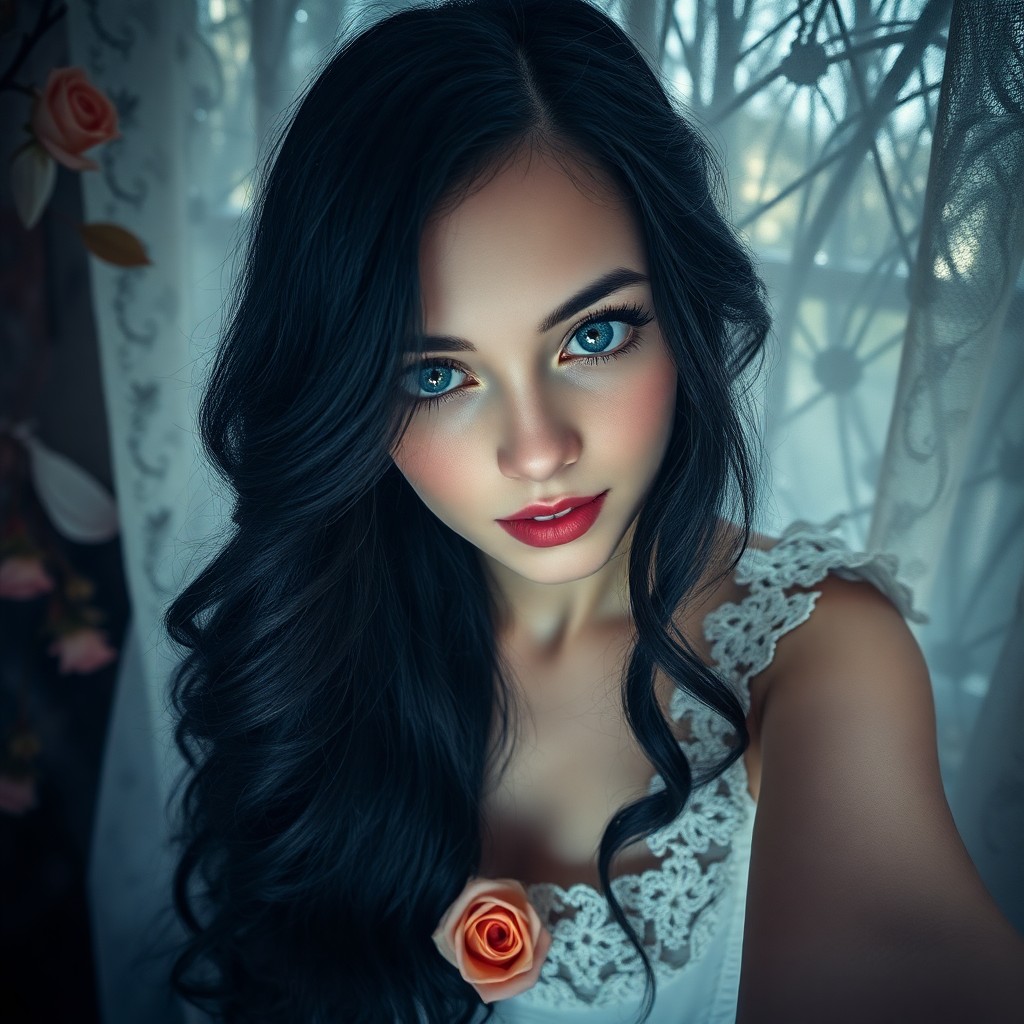 AI generated art for prompt: Craft an intricately detailed portrait photograph of a captivating female subject with deep blue eye