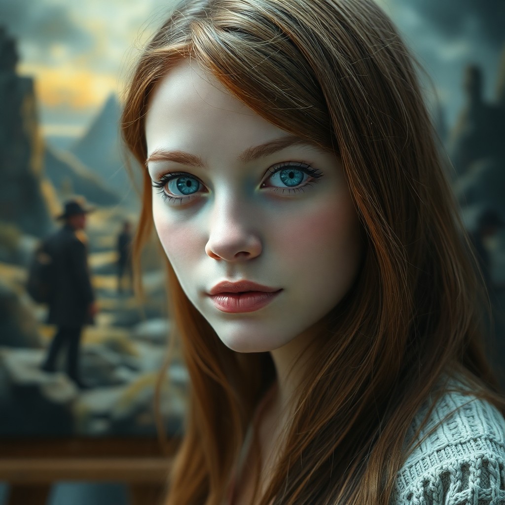 AI generated art for prompt: A hyperrealistic portrait showcases a young artist with docile blue eyes and long, chestnut hair. Il