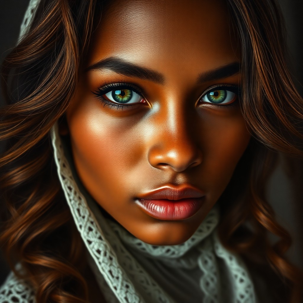 AI generated art for prompt: Craft a hyper-realistic oil painting portrait of a young Melanesian woman with unfocused green eyes 