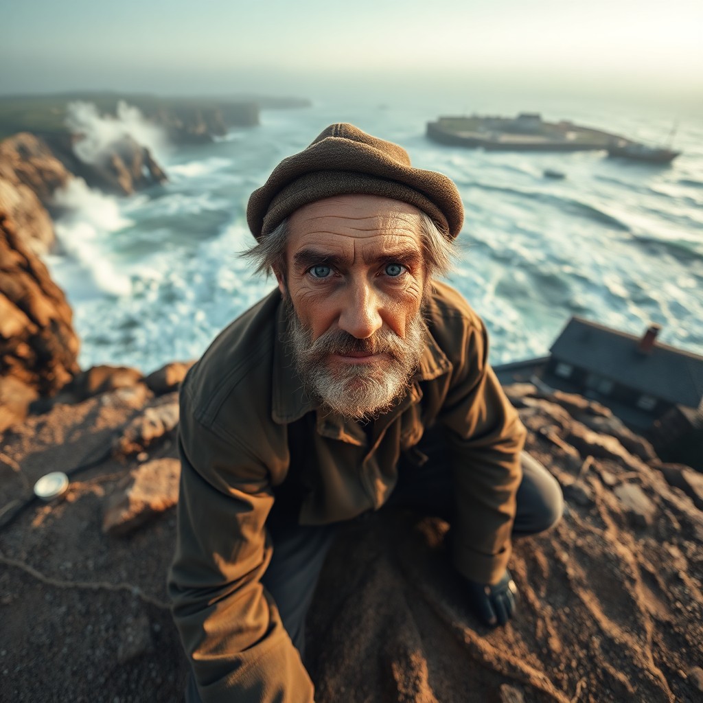 AI generated art for prompt: Envision a captivating portrait of a weathered fisherman with serene blue eyes and rugged features, 