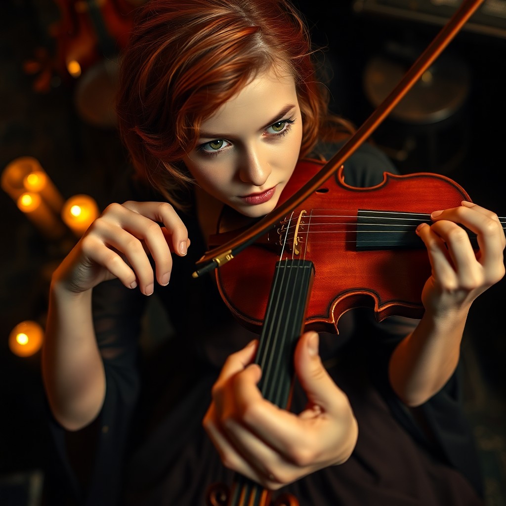 AI generated art for prompt: A young blind violinist with warm green eyes and fiery red hair sits in a dimly lit jazz club. Her h