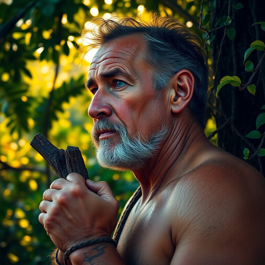 AI generated art for prompt: Visualize a DSLR portrait of a rugged middle-aged Polynesian man with sun-kissed features and melanc