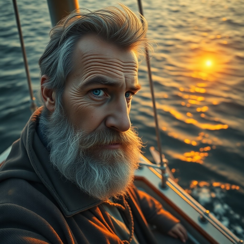 AI generated art for prompt: Create a photorealistic portrait of an experienced sea captain with salt-and-pepper beard, calm blue