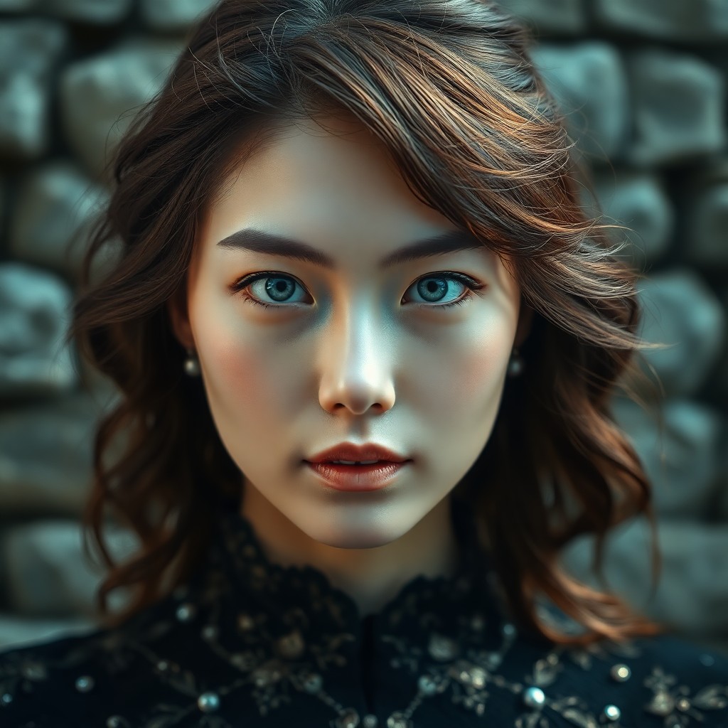 AI generated art for prompt: Envision a close-up portrait of an East Asian woman with captivating gentle blue eyes set amidst wav