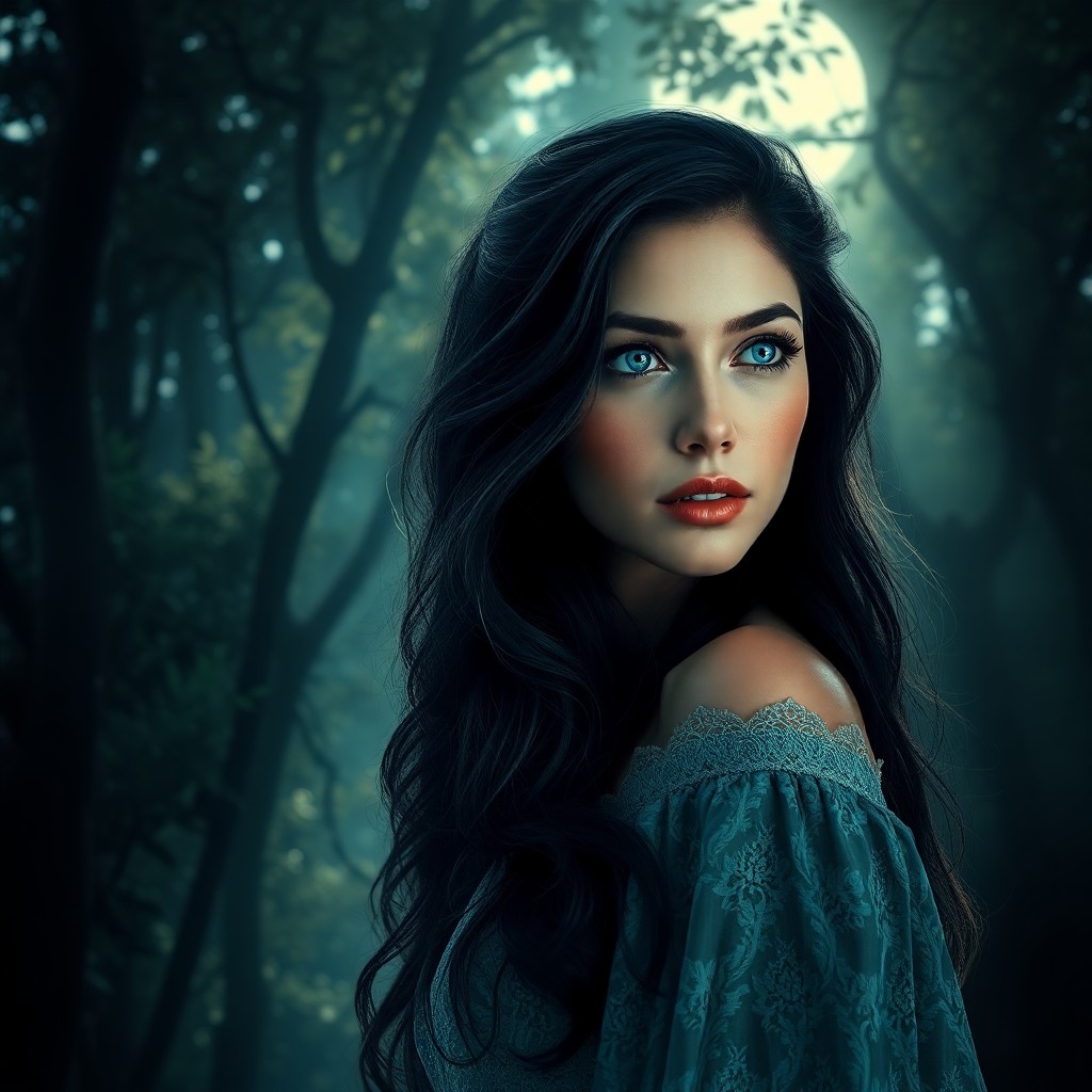 AI generated art for prompt: A captivating portrait of a mysterious enchantress with misty blue eyes and flowing raven hair bathe