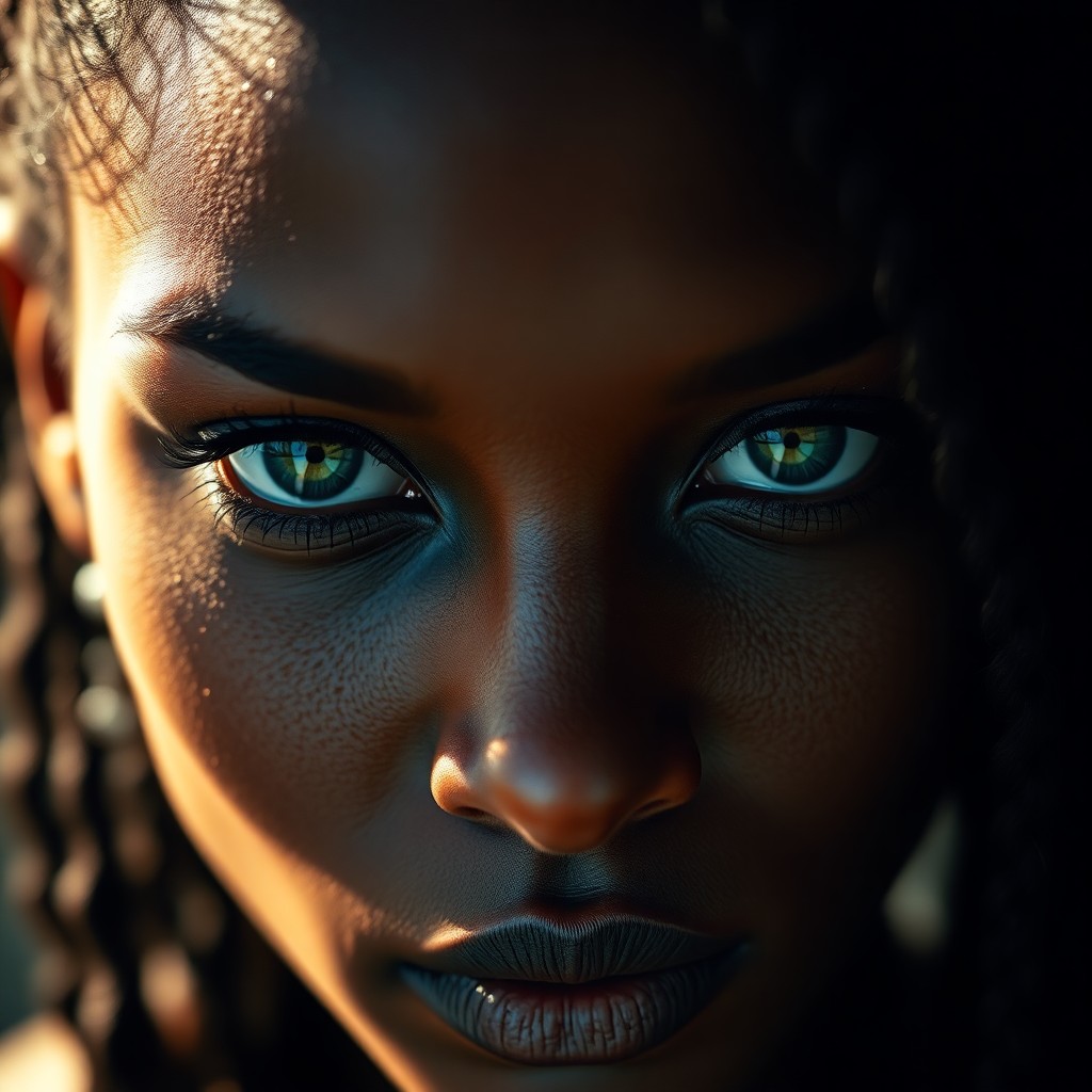 AI generated art for prompt: Craft a photorealistic close-up portrait of a Sub-Saharan African woman with emerald eyes and raven 