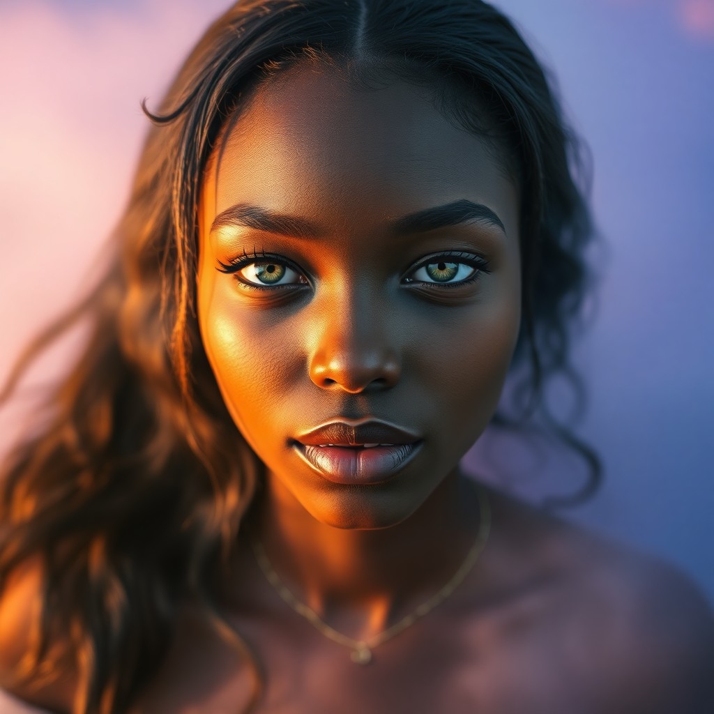 AI generated art for prompt: Craft a hyperrealistic portrait of an African woman with cascading dark hair and shy green eyes from