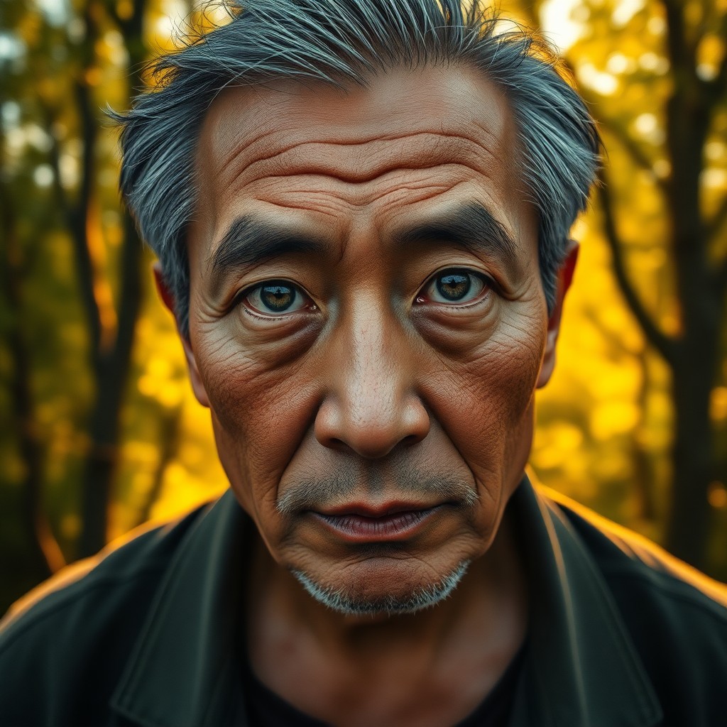 AI generated art for prompt: Craft a hyperrealistic portrait of a middle-aged East Asian man with weathered features and piercing