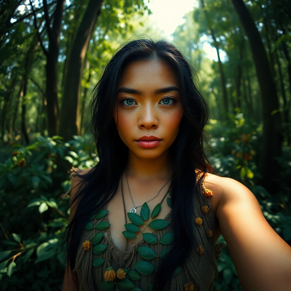 AI generated art for prompt: Envision a film camera portrait of a Pacific Islander woman with soft blue eyes and raven hair, her 