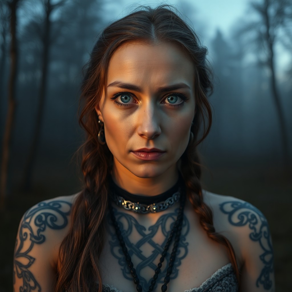 AI generated art for prompt: Photograph an Eastern European woman with tender blue eyes and intricate silver Celtic tattoos windi