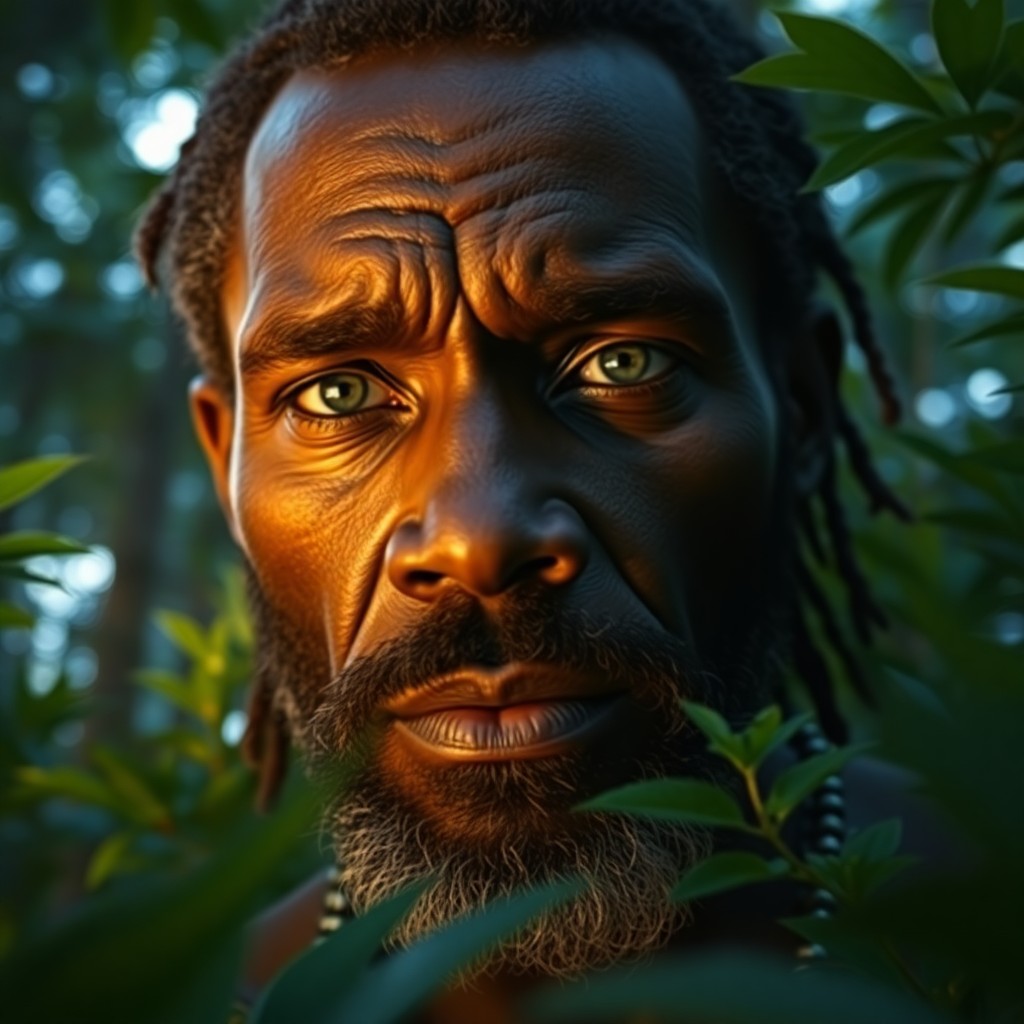 AI generated art for prompt: Craft a hyper-realistic digital portrait of an African man with clouded blue eyes and rugged skin to