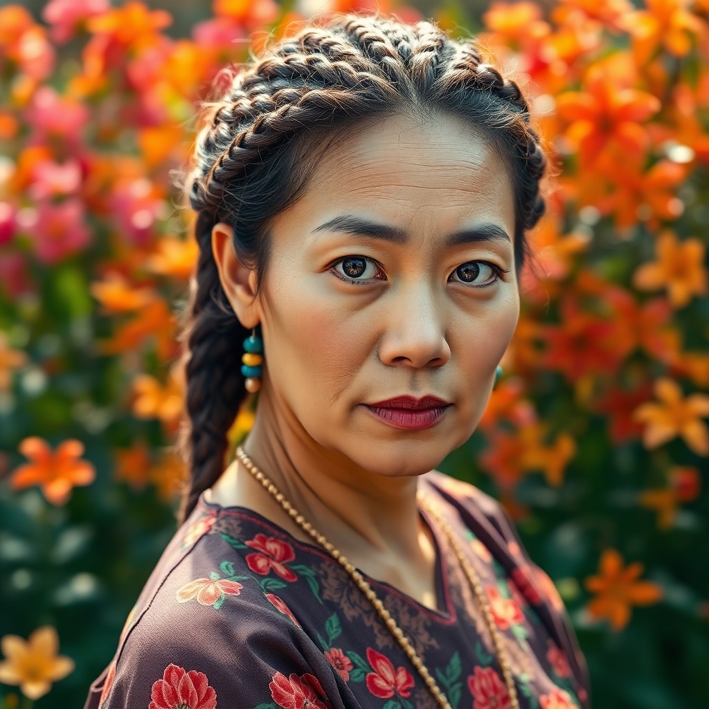 AI generated art for prompt: Craft an emotive Renaissance-style portrait of a middle-aged East Asian woman with warm honey-brown 