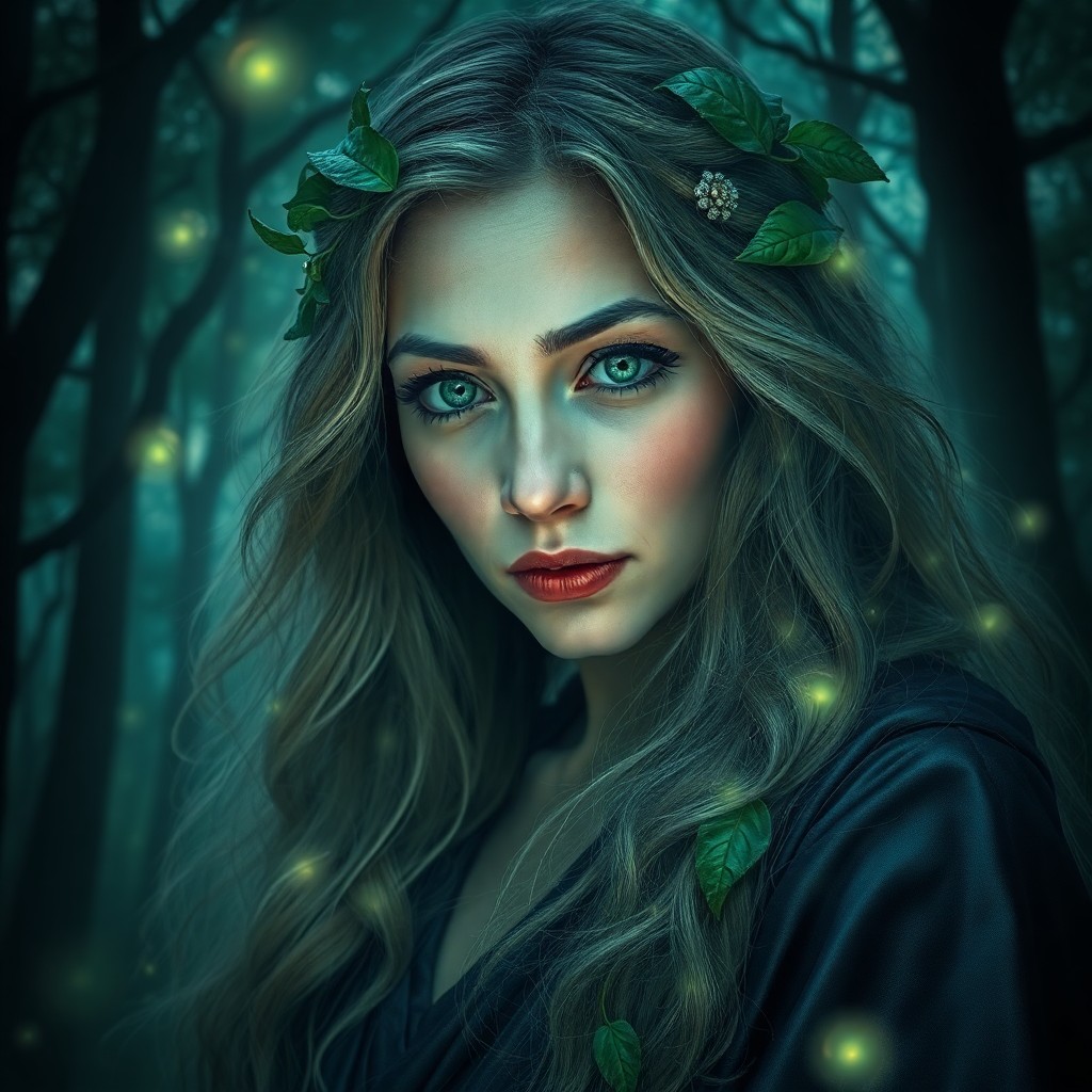 AI generated art for prompt: Craft a photorealistic portrait of a mysterious sorceress amidst an enchanting forest glade, her pre