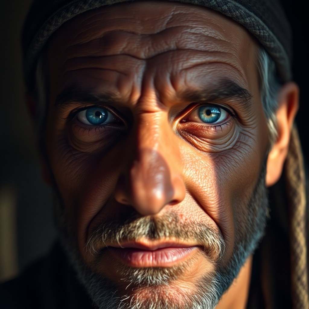 AI generated art for prompt: Imagine a super-realistic portrait of a rugged, middle-aged Middle Eastern man with piercing blue ey