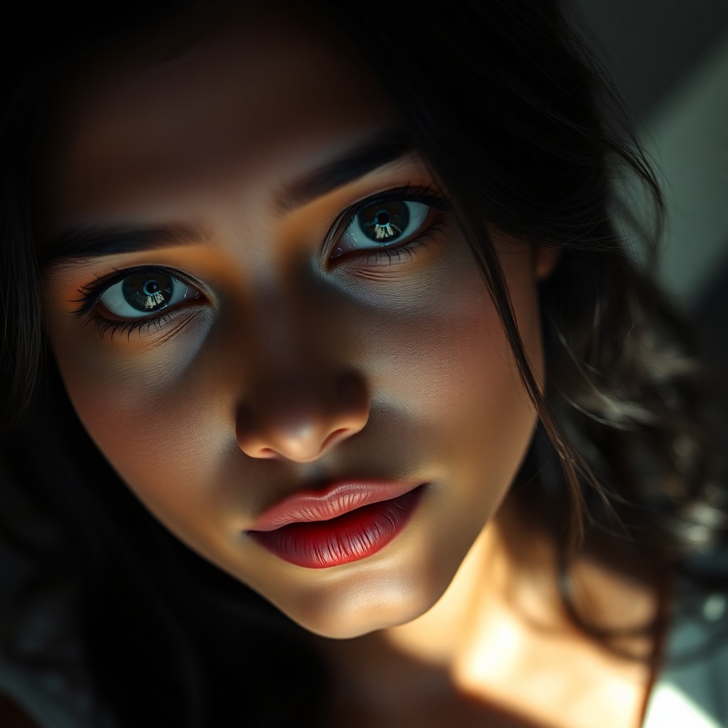 AI generated art for prompt: A captivating photorealistic portrait in chiaroscuro style, showcasing a South Asian woman's allure 