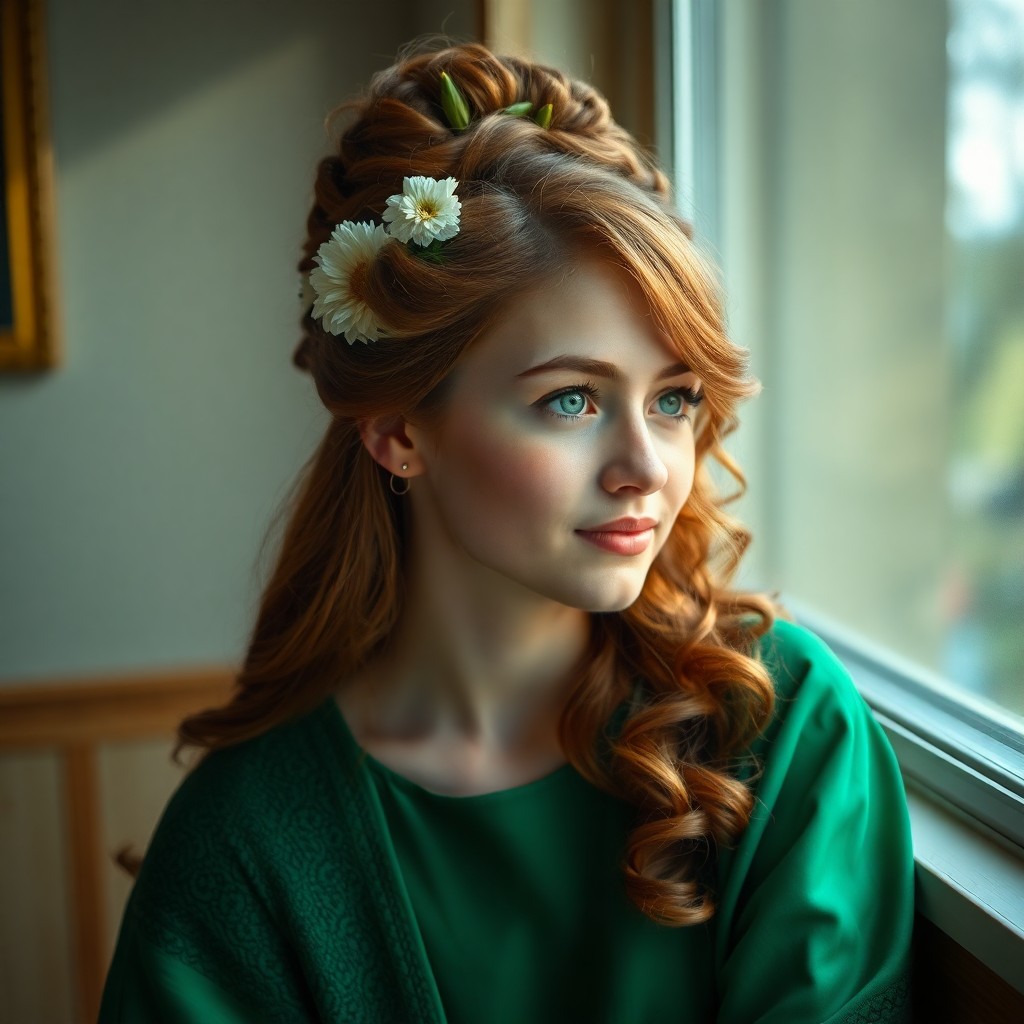 AI generated art for prompt: Envision a portrait of a serene young Slavic woman with tranquil green eyes and long wavy chestnut h