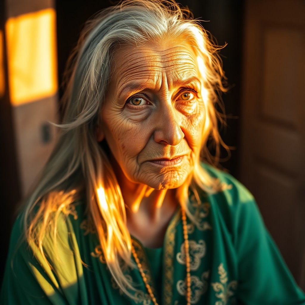 AI generated art for prompt: A portrait photograph captures an elderly North African woman with wise eyes, her gaze thoughtful an