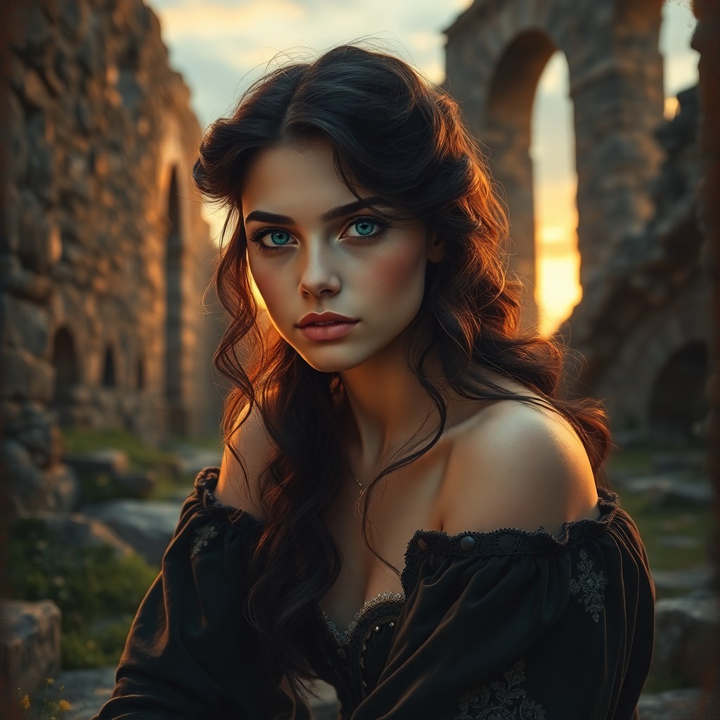 AI generated art for prompt: Imagine a captivating portrait of a young Celtic woman with enigmatic emerald eyes and lush dark hai